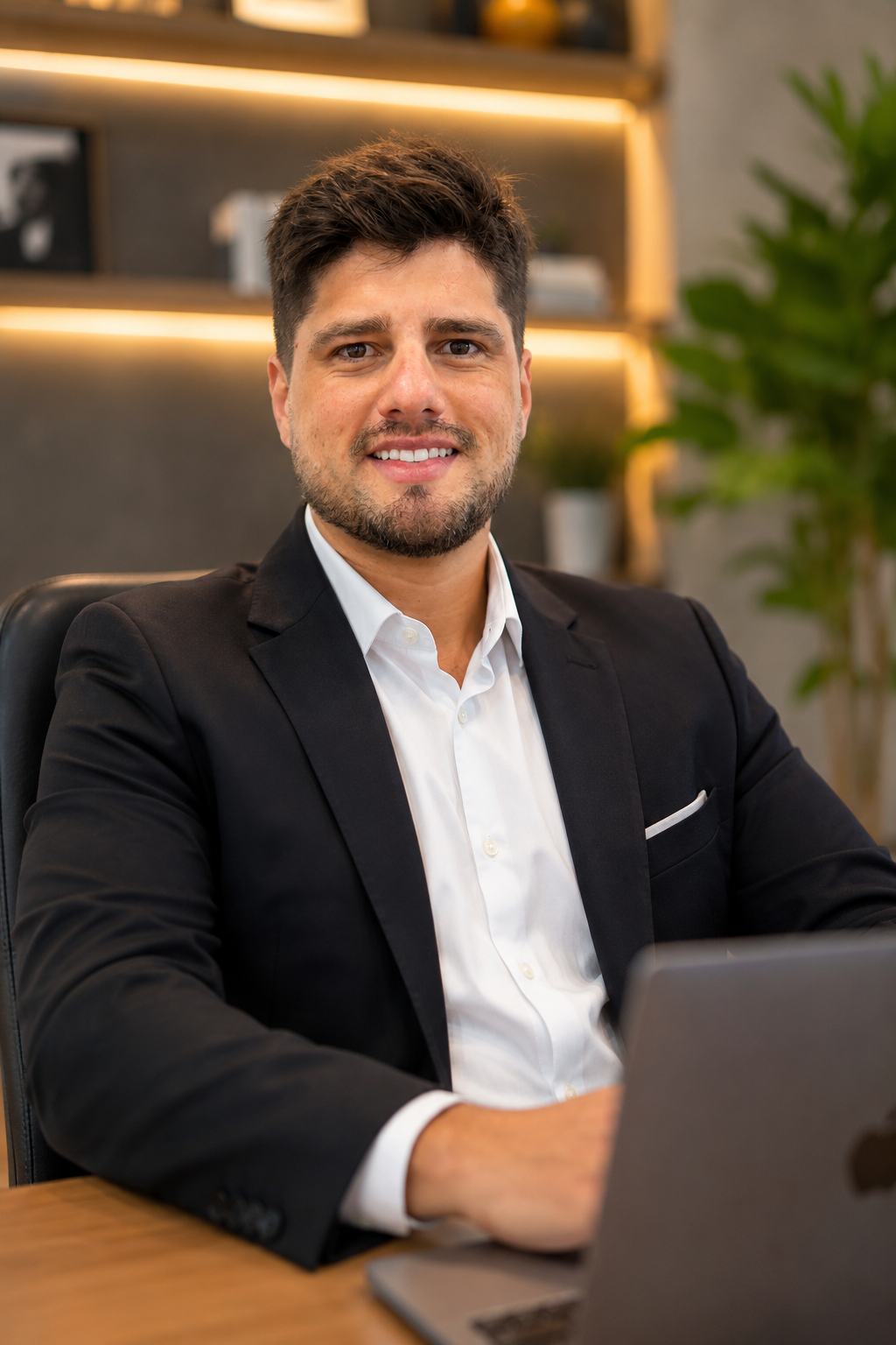 Vinícius Ayricke, ex-Key Account Manager da Amazon, sentado à mesa com laptop